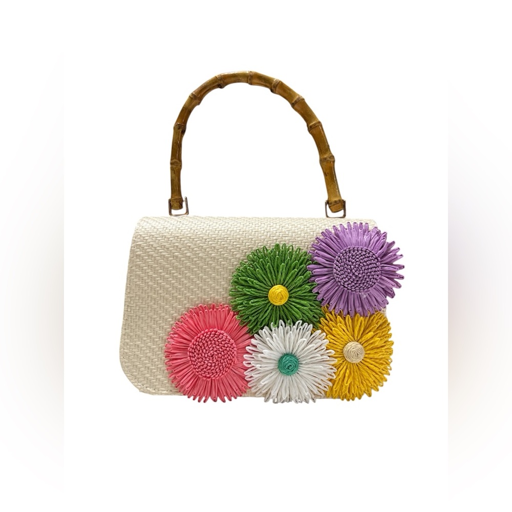 NEW Haute Hippie Woven Straw Satchel Handbag Bamboo Handle Floral Appliques